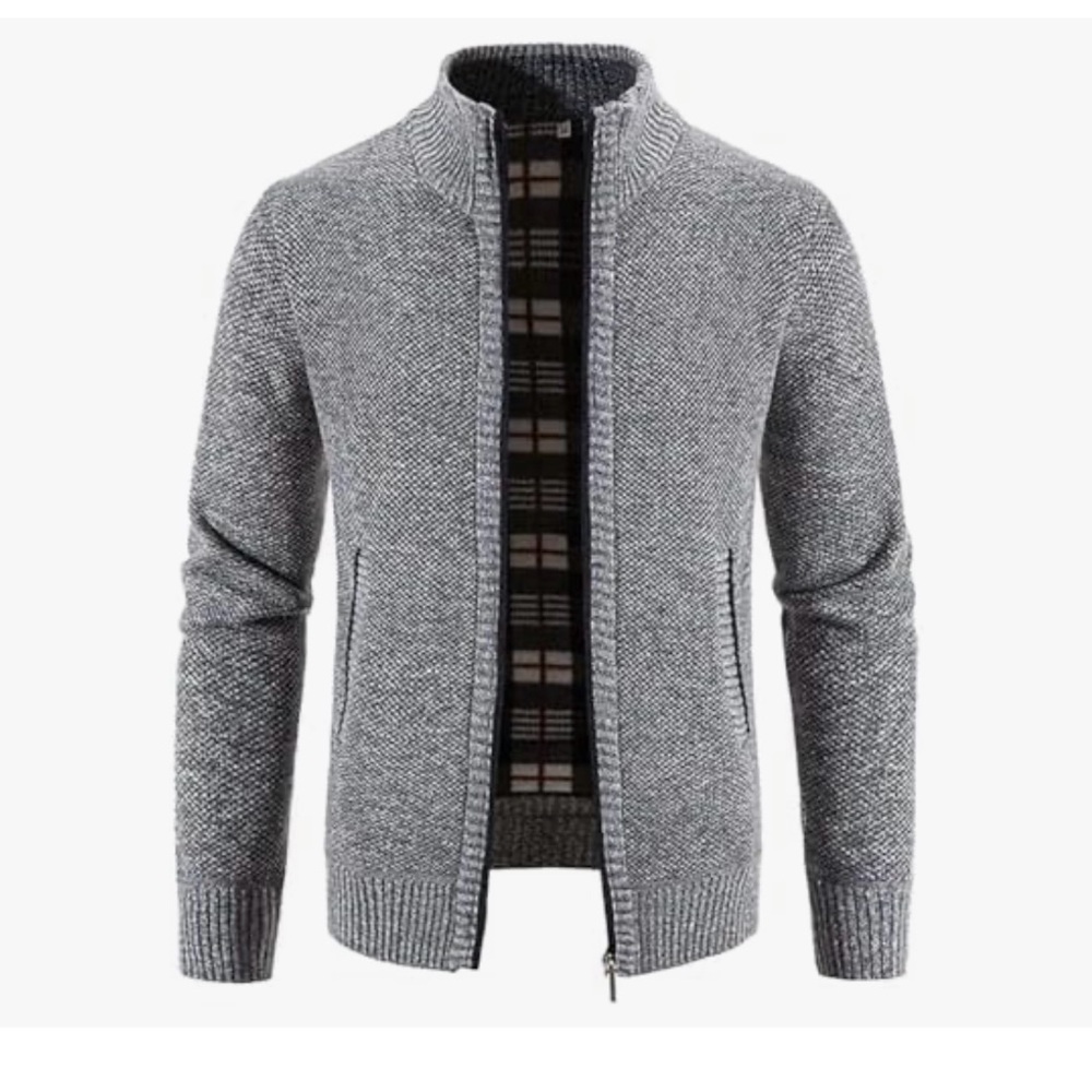 Men's Classic Warm Fleece Lined Winter Coat-Full Zipper Knitted Cardigan Gray